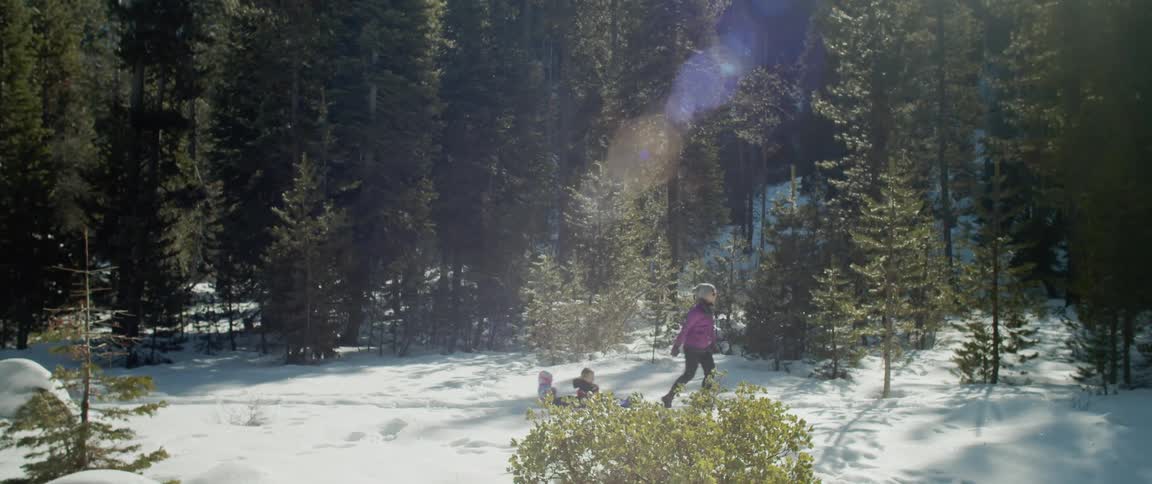 A woman pulls her children on a sled through a snowy forest