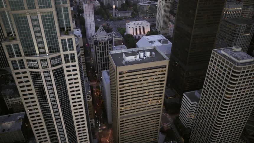 Aerial view of a city with many tall buildings
