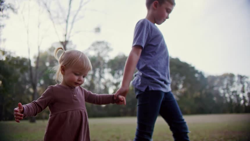 A young boys holds the hand of his little sister as they walk atop a grassy field