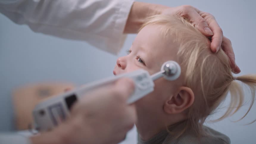 A doctor holds onto the top of a young girls head while checking her temperature