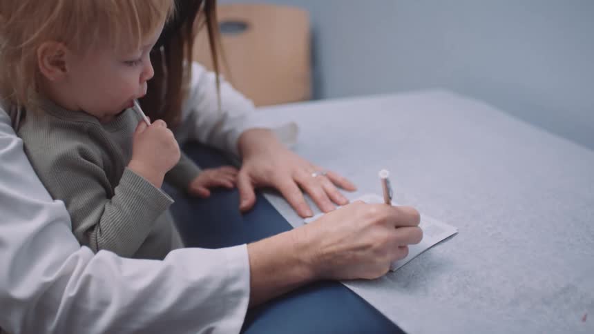 A doctor with a lab coat and a mask writing on a paper with a pen while holding a little girl with a lollipop