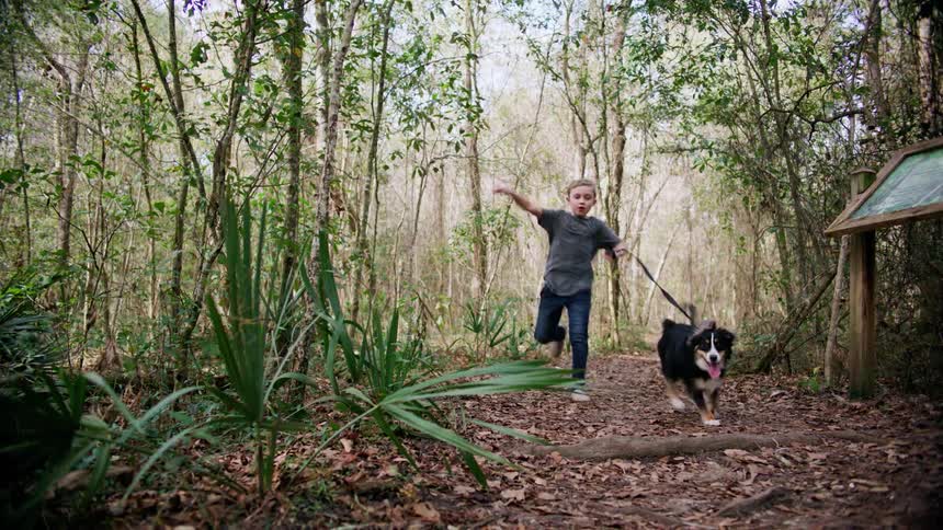 A young boy keeps up with his dog as they run through a trail in a forest