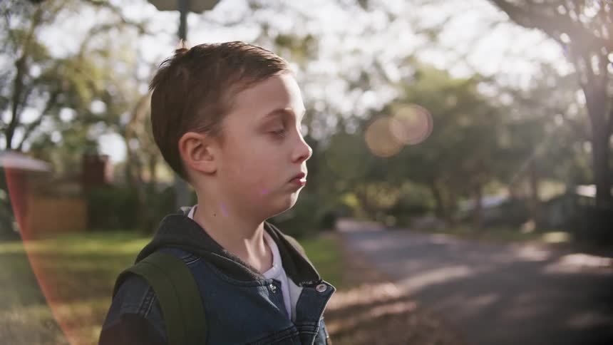 A bored boy wearing a backpack waits beside a road in a residential neighborhood during the day