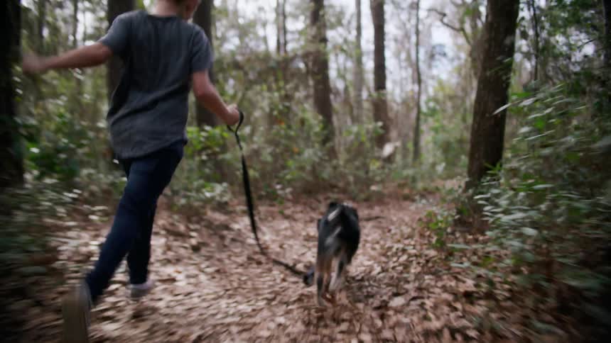 A young boy tries to keep up with his small sized dog as they run through a forest