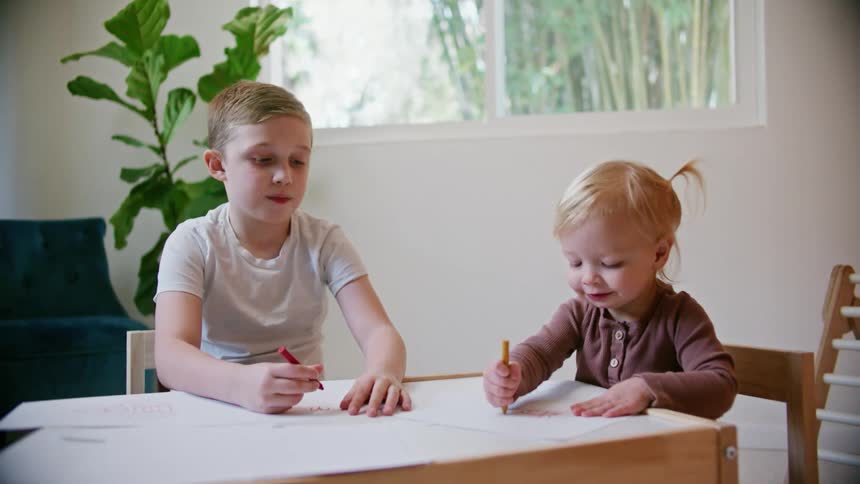 A brother and sister color on the paper
