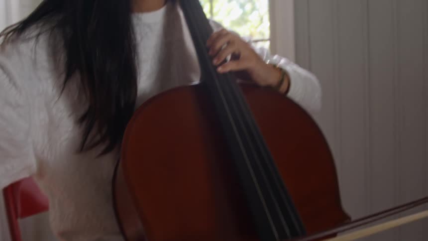 A woman is playing an instrument near a window