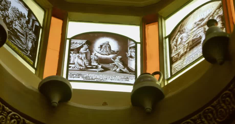 The wall by the ceiling has designs in a dome