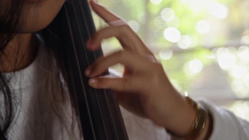 A woman plays the cello in front of a sunny window