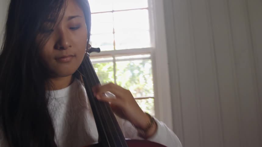A woman is playing an instrument near a window