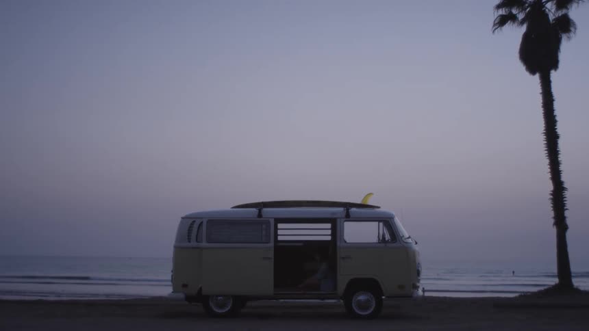 A van with open doors and a surfboard on the roof parked on a beach next to a palm tree
