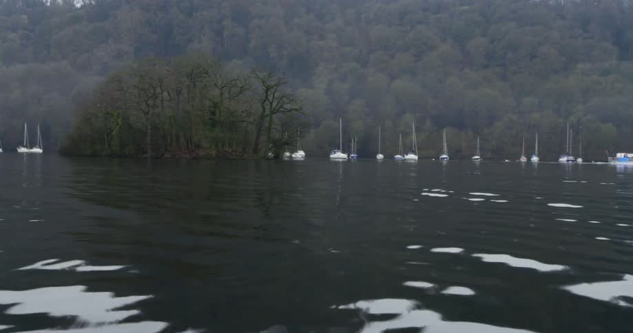 A lake with boats with trees in the background