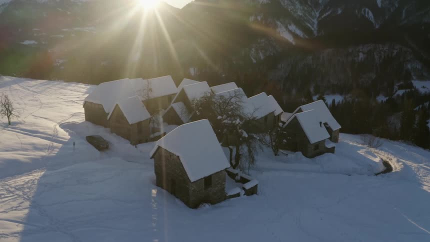 Aerial shot of a village in a mountain