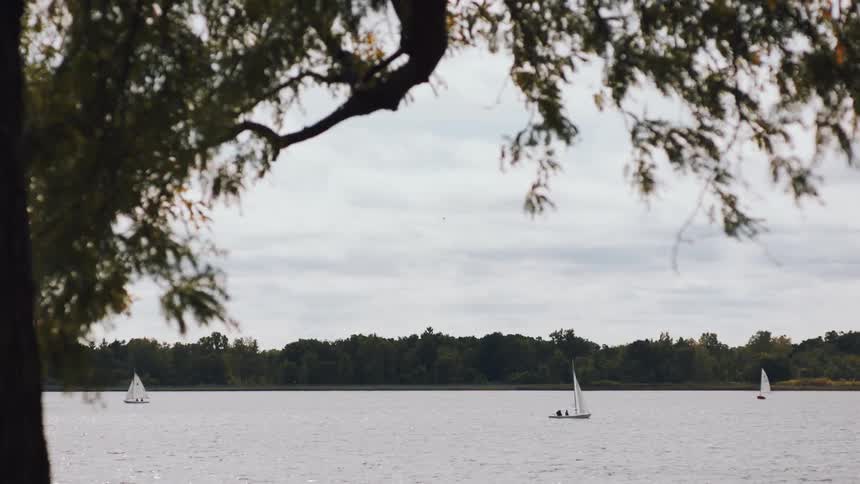 Boats are driving on the lake in spring