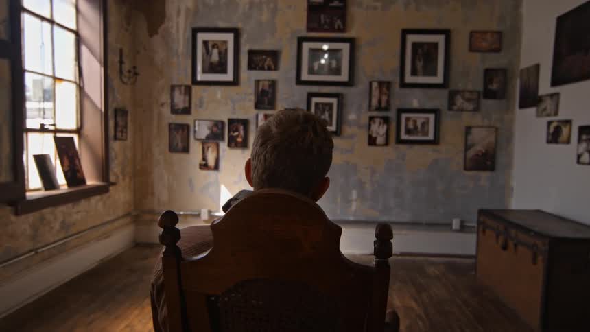 A person sits in a chair looking at a wall of photos and images