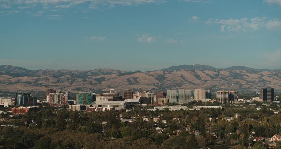 Aerial view of a downtown city is displayed