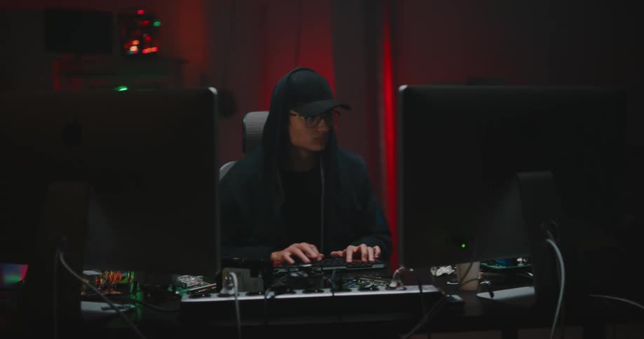 A man in a room sitting on a chair at a desk typing on a keyboard on a computer