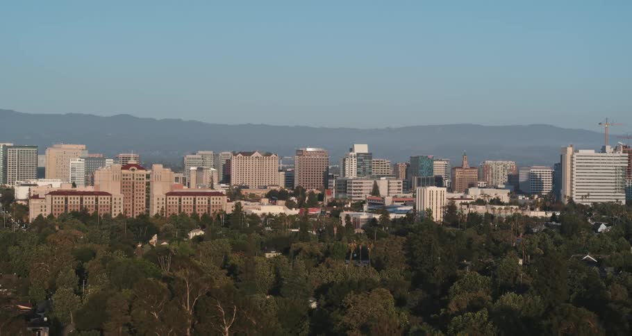 Aerial view of a skyline is displayed in spring