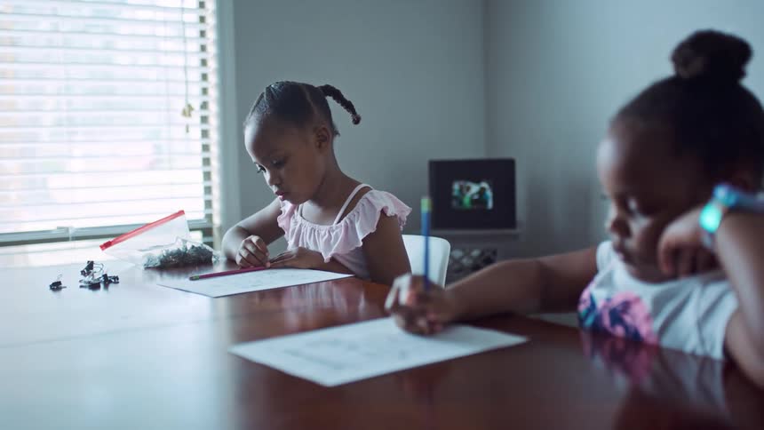 Two kids are studying indoors at a desk