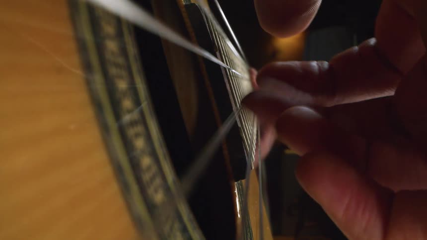 Person is playing an acoustic guitar plucking the strings with their fingers
