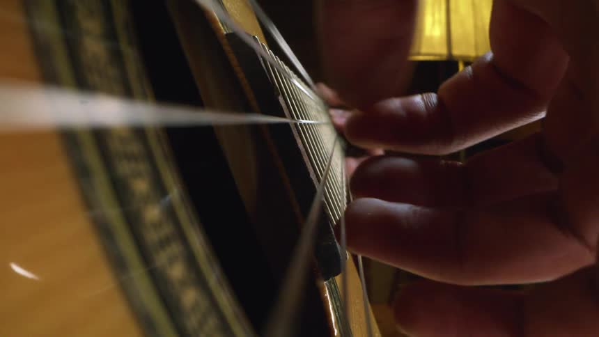 Close up view of fingers plucking guitar strings