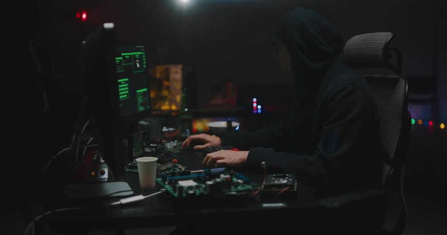 Man with glasses and cap works on computer at night