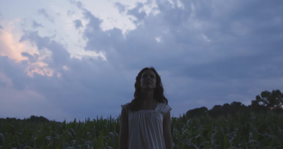 A woman in a white dress standing in a cornfield with trees the sky and clouds in the background