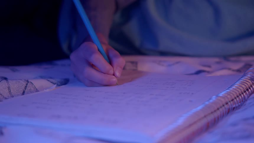 A girl writes in a notebook while sitting under a blanket in bed
