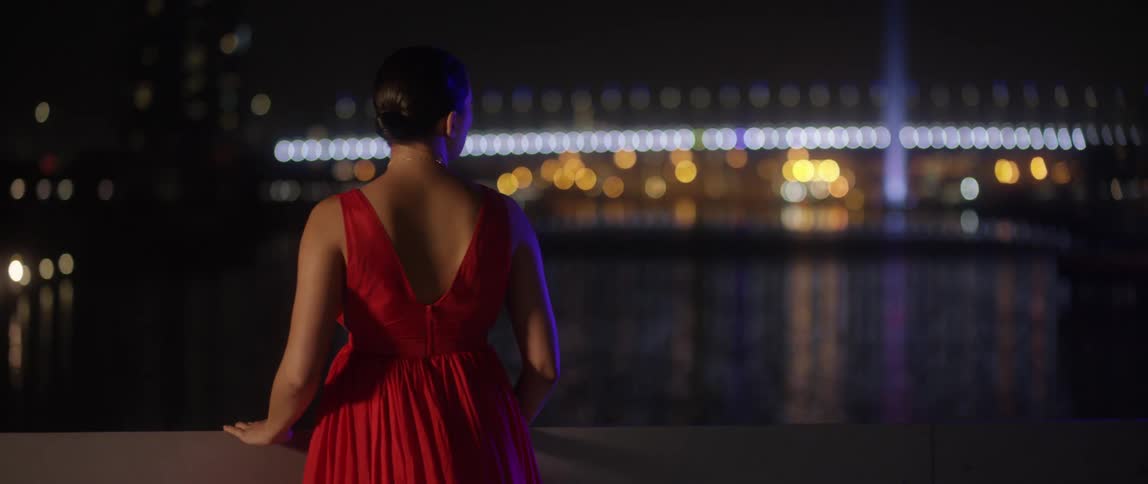 A woman in a red gown walks to the edge of a bridge and looks over at the water and towards the city skyline
