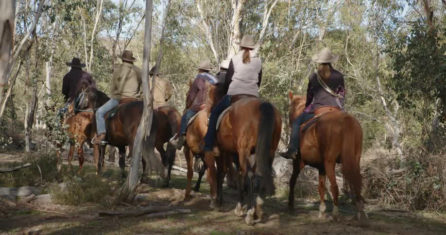 A group of people ride horse through a forest