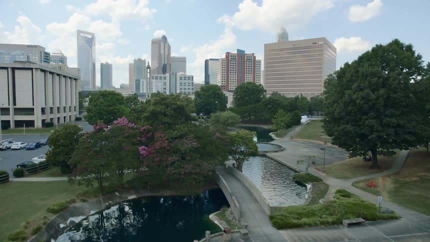A river surrounded by trees with a city skyline the sky and clouds in the background