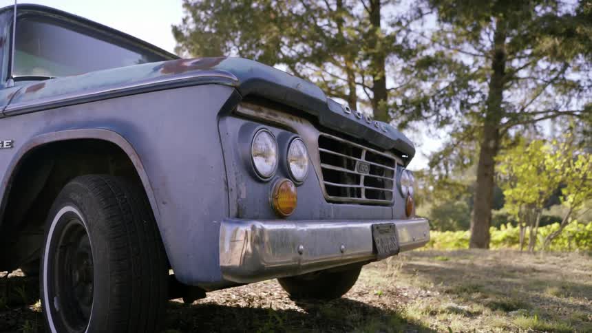 A blue truck sits on a grass field