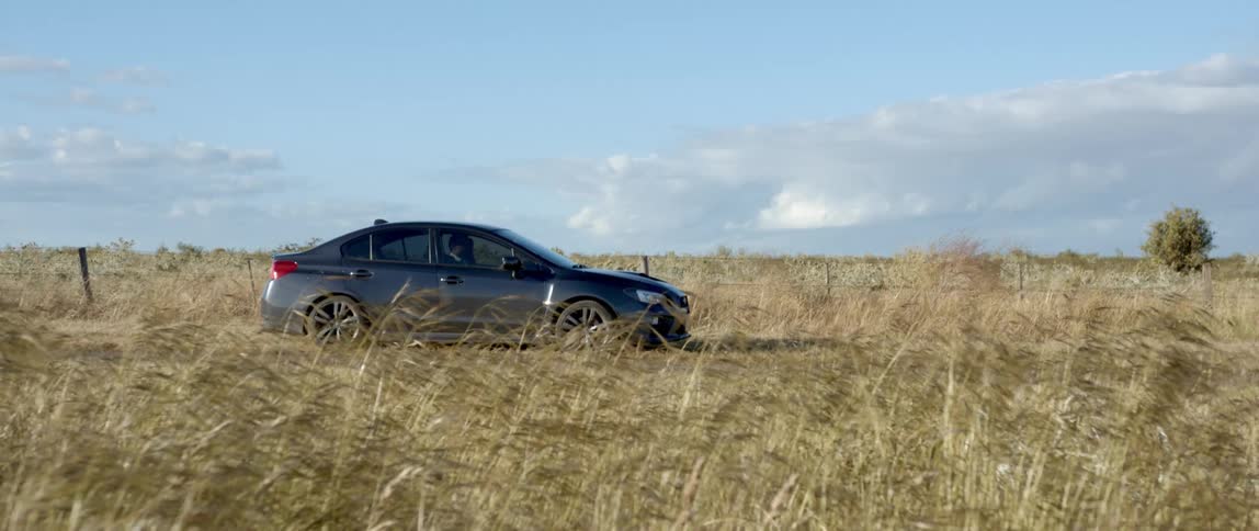 A car driving and stopping on a road surrounded by grass with a tree the sky and clouds in the background