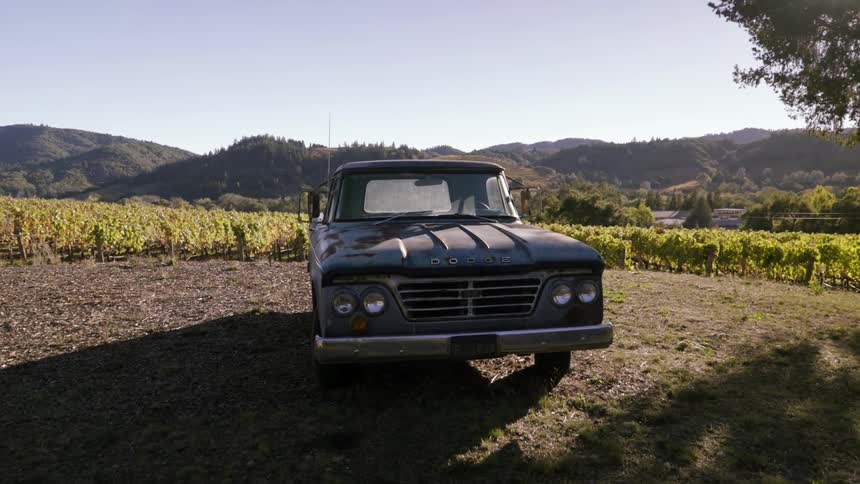 Old pickup truck sitting in a clearing at sunset