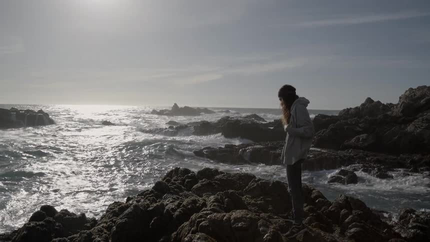 A woman standing on a rocky shoreline