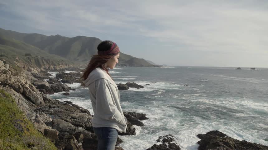 A woman is standing by the shore on a windy day