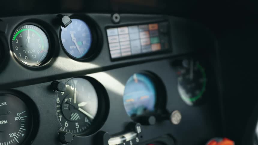 The cockpit has many gauges