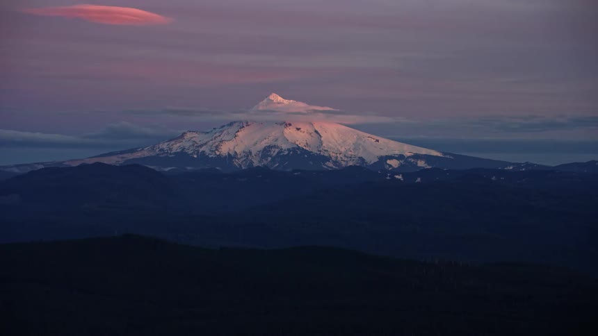 An aerial view of Mount Hood in Oregon at the end of a remarkable day flying in the mountains of Oregon