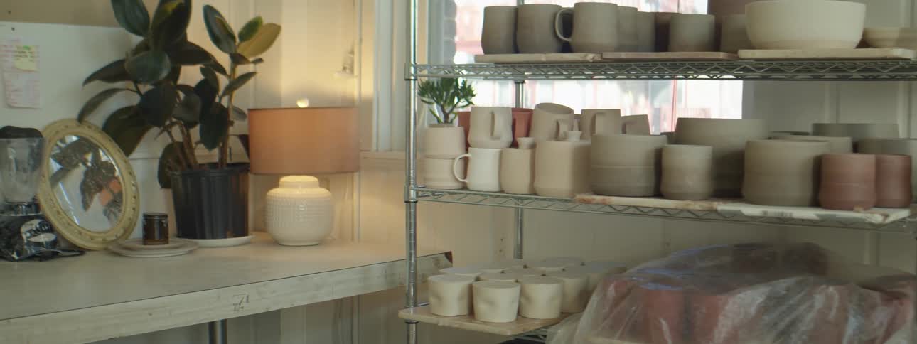 A room with shelves of pottery with a plant and a lamp in the background