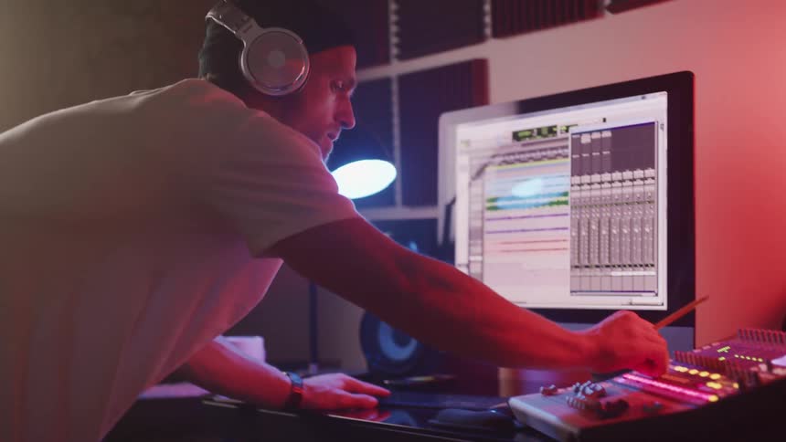 A man mixing music on a computer while wearing headphones in a recording studio