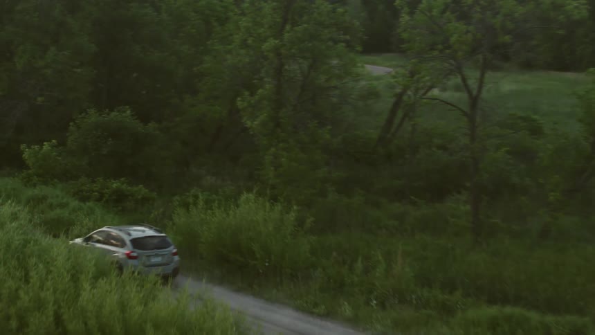 Silver van traveling on road with many trees around