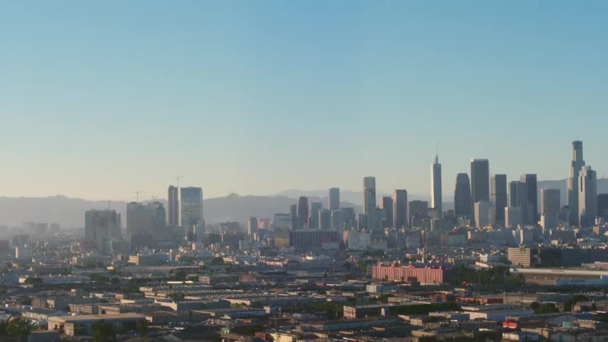 Aerial view of the skyscrapers in the citys downtown skyline at evening