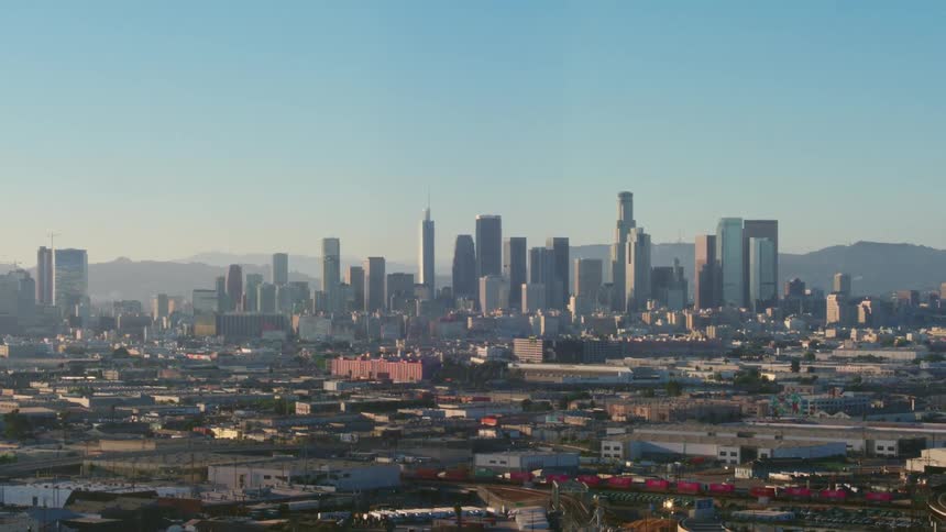 Aerial view of a citys downtown skyscrapers skyline at morning