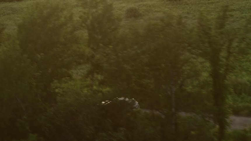 Silver automobile travels on a road with many swampy ponds on the side of the road