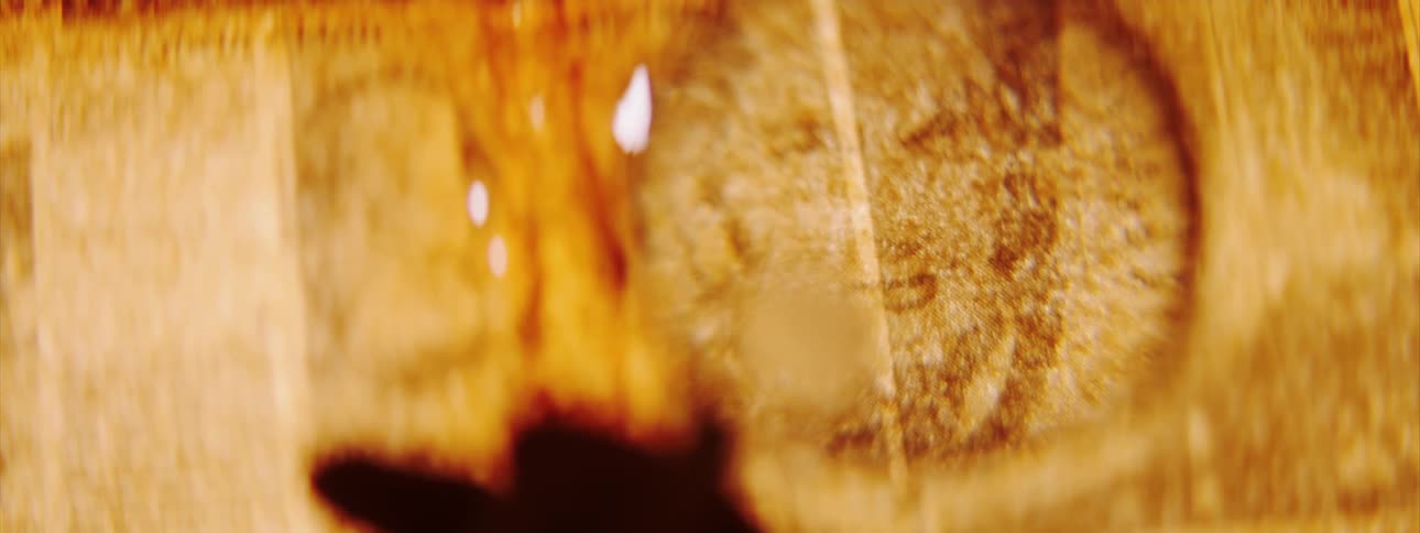 A person in a room looking at a photo with a magnifying glass