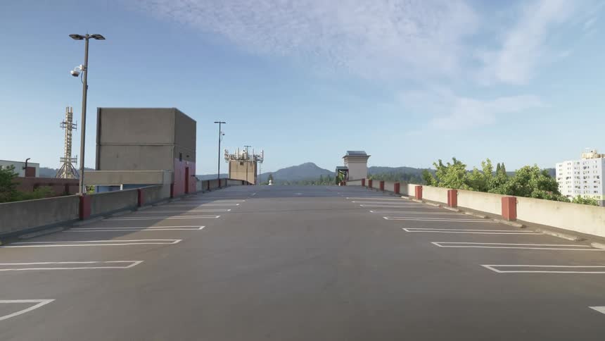 A view of a parking lot with no cars in it