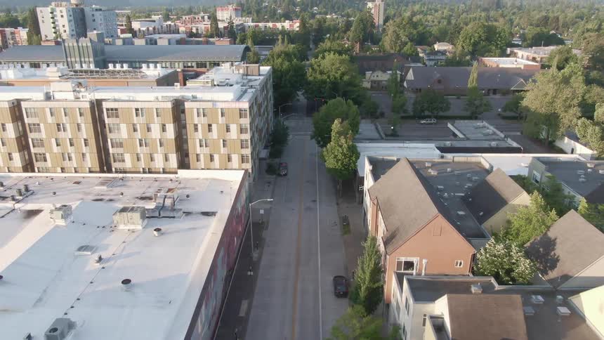 Aerial view of an empty street on a small town in the mountains
