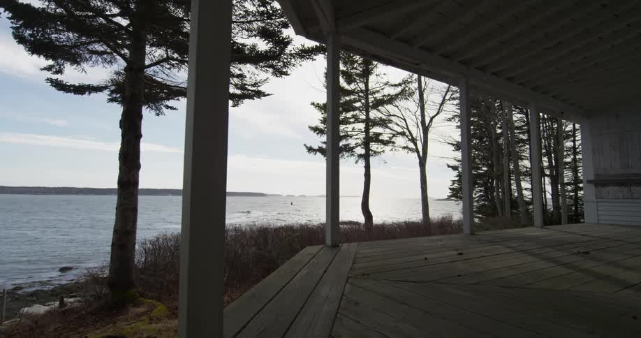 A house deck overlooks a lake and pine trees