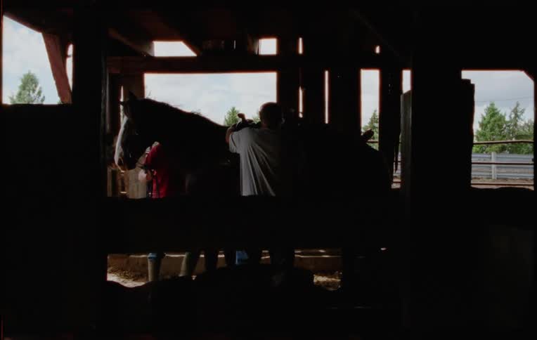 A man leading a horse into a stable while another man places a saddle on to the horse with trees the sky and clouds in the background