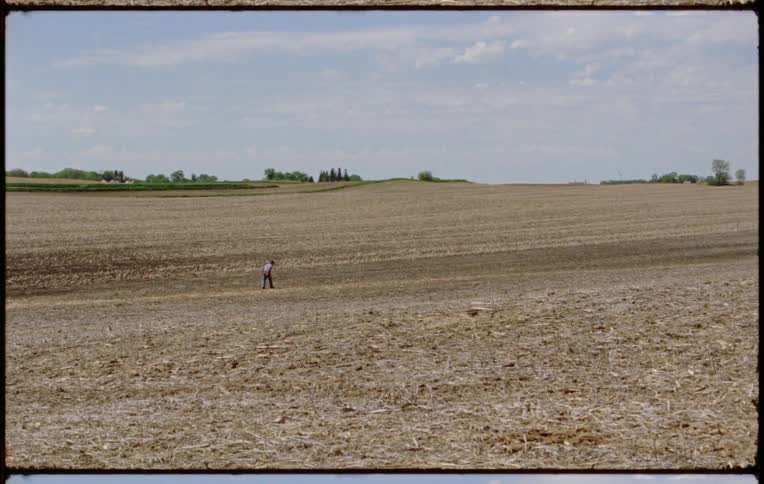 A person is walking in a farmland area