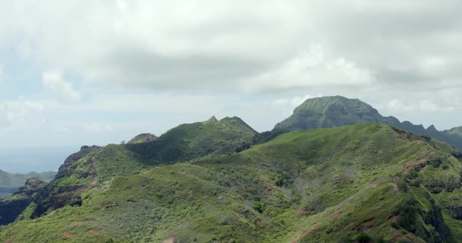 A large cliffside by the water covered in grass